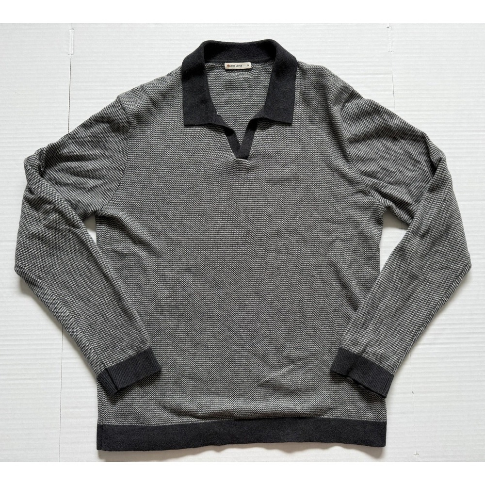 Marine Layer Liam Sweater Polo Mens Large Black Gray Long Sleeve